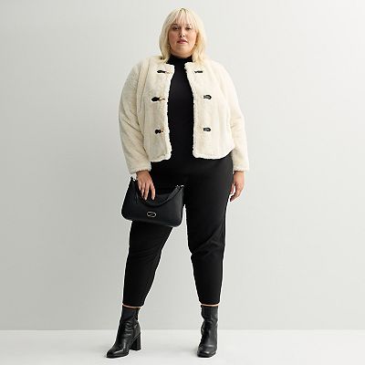 Plus Size Nine West Collarless Faux Shearling Jacket