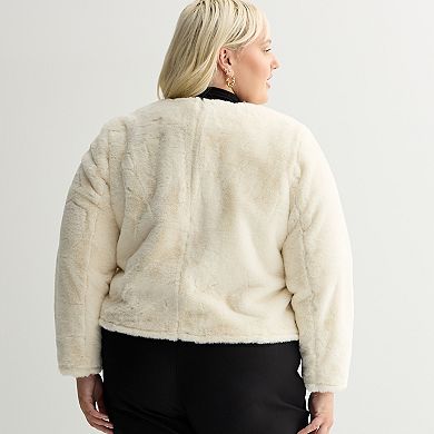 Plus Size Nine West Collarless Faux Shearling Jacket