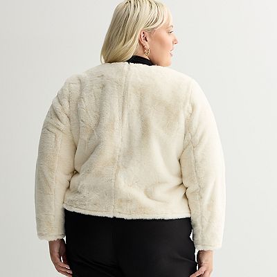 Plus Size Nine West Collarless Faux Shearling Jacket