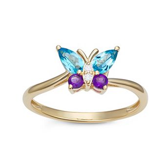 LeRose by Lexi and Rose 10k Gold Swiss Blue Topaz, Amethyst & Diamond Accent Butterfly Ring