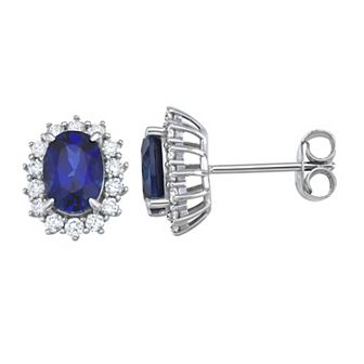 LeRose by Lexi and Rose 10k White Gold 1/2 Carat T.W. Lab-Grown Diamond & Lab-Created Ceylon Sapphire Halo Stud Earrings