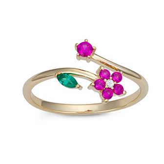LeRose by Lexi and Rose 10k Gold Diamond Accent, Lab-Created Ruby & Lab-Created Emerald Flower Bypass Ring
