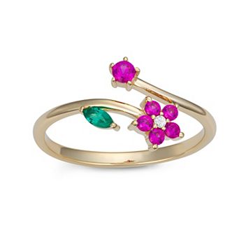 LeRose by Lexi and Rose 10k Gold Diamond Accent, Lab-Created Ruby & Lab-Created Emerald Flower Bypass Ring