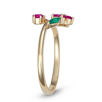 LeRose by Lexi and Rose 10k Gold Diamond Accent, Lab-Created Ruby & Lab-Created Emerald Flower Bypass Ring