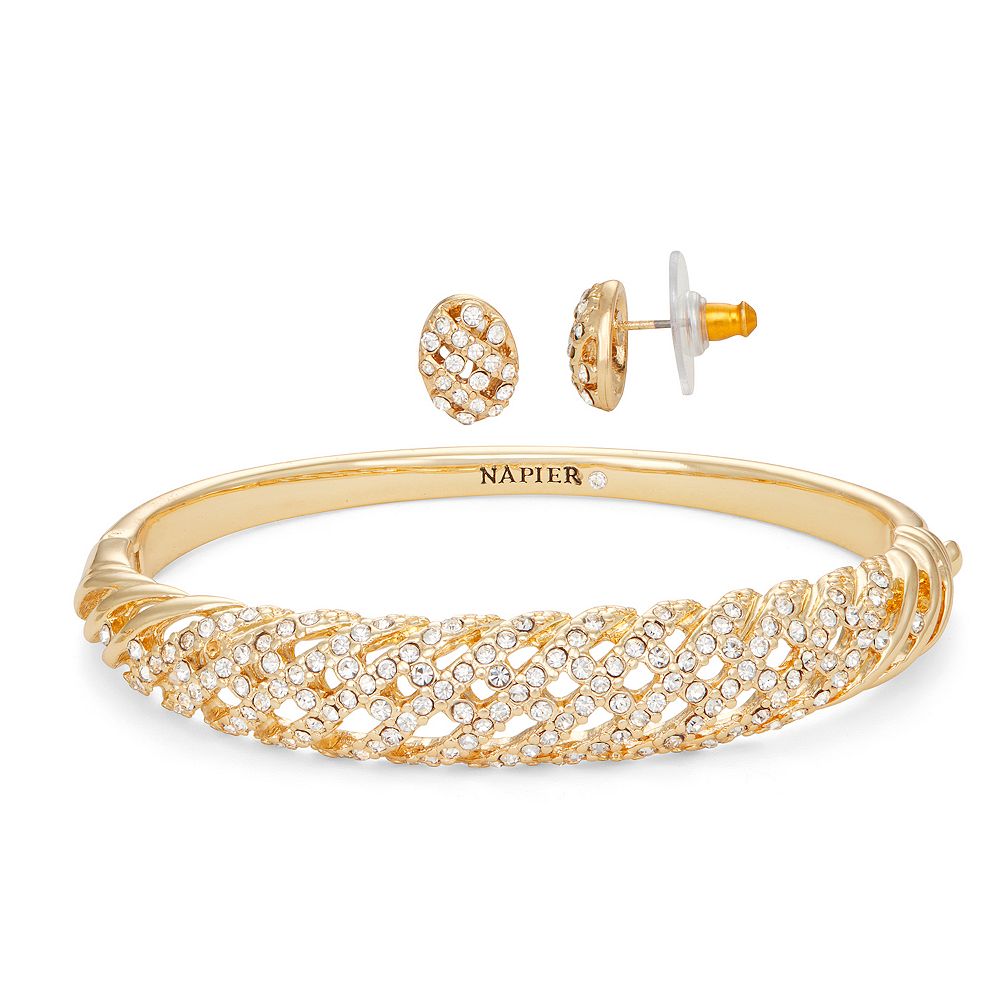 Napier Gold Tone Crystal Bangle Bracelet & Button Stud Earring Set