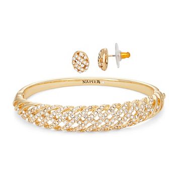 Napier Gold Tone Crystal Bangle Bracelet & Button Stud Earring Set