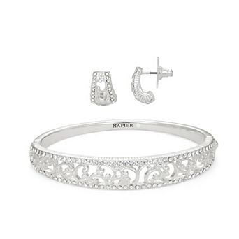 Napier Silver Tone Crystal Bangle Bracelet & Semi Hoop Earring Set