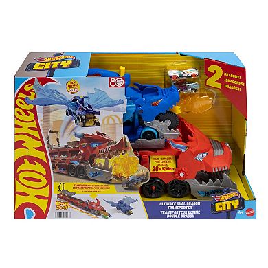 Mattel Hot Wheels Ultimate Dual Dragon Transporter with 2 1:64 Scale Cars