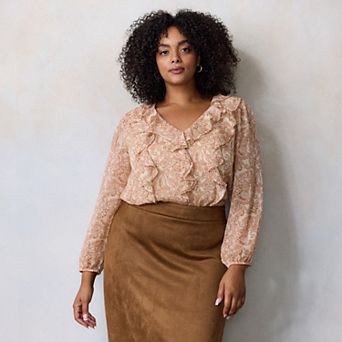 Plus Size LC Lauren Conrad V-Neck Long Sleeve Cascading Ruffle Front Top