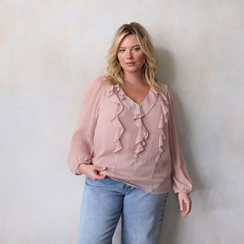 Plus Size LC Lauren Conrad V-Neck Long Sleeve Cascading Ruffle Front Top