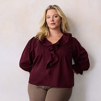 Plus Size LC Lauren Conrad V-Neck Long Sleeve Cascading Ruffle Front Top