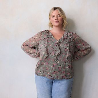 Plus Size LC Lauren Conrad V-Neck Long Sleeve Cascading Ruffle Front Top