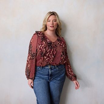 Plus Size LC Lauren Conrad V-Neck Long Sleeve Cascading Ruffle Front Top