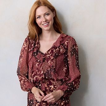 Petite LC Lauren Conrad V-Neck Long Sleeve Cascading Ruffle Front Top