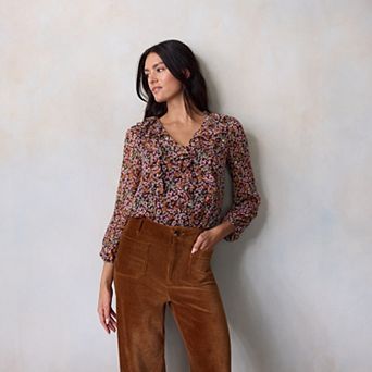 Petite LC Lauren Conrad V-Neck Long Sleeve Cascading Ruffle Front Top