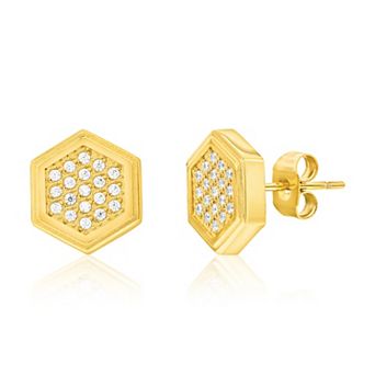 Men's Metallo Stainless Steel Cubic Zirconia Hexagon Stud Earrings