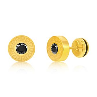 Men's Metallo Stainless Steel Cubic Zirconia 10 mm Round Greek Key Stud Earrings