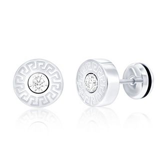 Men's Metallo Stainless Steel Cubic Zirconia 10 mm Round Greek Key Stud Earrings