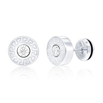 Men's Metallo Stainless Steel Cubic Zirconia 10 mm Round Greek Key Stud Earrings