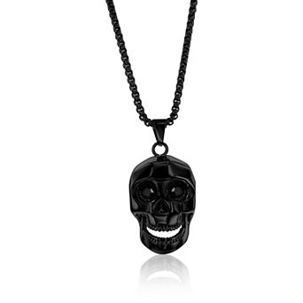 Men's Metallo Stainless Steel Black Cubic Zirconia Skull Necklace