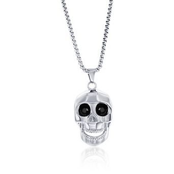 Men's Metallo Stainless Steel Black Cubic Zirconia Skull Necklace