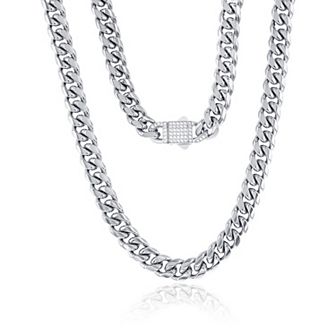 Men's Metallo Stainless Steel 12 mm Miami Cuban Cubic Zirconia Lock Necklace
