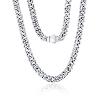 Men's Metallo Stainless Steel 12 mm Miami Cuban Cubic Zirconia Lock Necklace