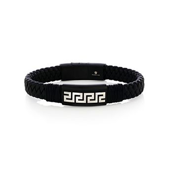 Men's Metallo Stainless Steel Greek Key Leather Bracelet