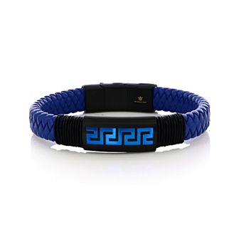 Men's Metallo Stainless Steel Greek Key Leather Bracelet