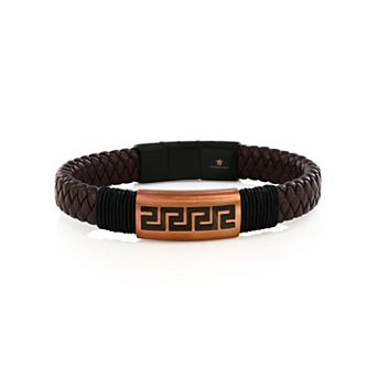 Men's Metallo Stainless Steel Greek Key Leather Bracelet