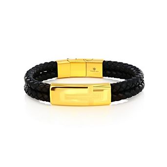 Men's Metallo Stainless Steel Cross Bar Leather Bracelet