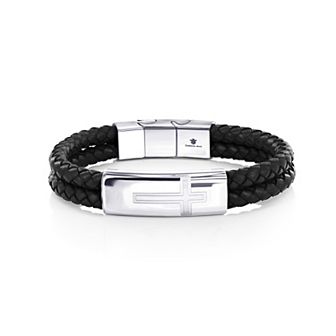 Men's Metallo Stainless Steel Cross Bar Leather Bracelet