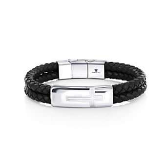 Men's Metallo Stainless Steel Cross Bar Leather Bracelet