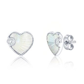 Argento Bella Sterling Silver Diamond-Cut Mother-Of-Pearl & Cubic Zirconia Heart Stud Earrings