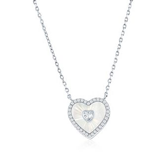 Argento Bella Sterling Silver Diamond-Cut Mother-Of-Pearl & Cubic Zirconia Halo Heart Necklace