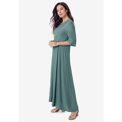 Roaman's Women's Plus Size Stretch Knit High Low Short Sleeve Maxi Dress