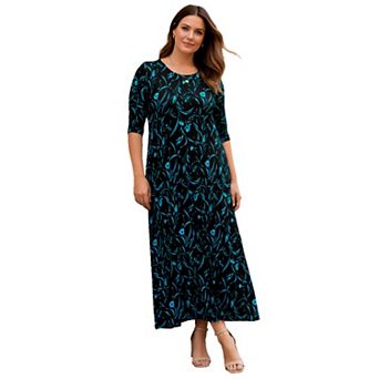 Roaman's Women's Plus Size Stretch Knit High Low Short Sleeve Maxi Dress