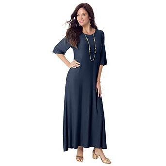 Roaman's Women's Plus Size Stretch Knit High Low Short Sleeve Maxi Dress