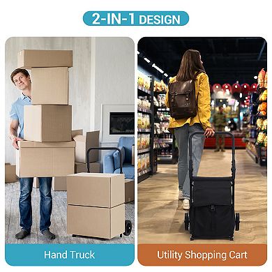 2 in 1 Foldable Shopping Cart, 2 Wheels Grocery Cart with 123 L Large Capacity Waterproof Bag