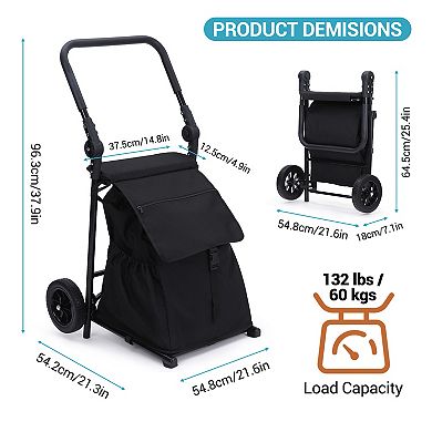 2 in 1 Foldable Shopping Cart, 2 Wheels Grocery Cart with 123 L Large Capacity Waterproof Bag