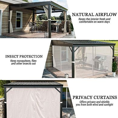 Mondawe 10x12 ft Aluminum Frame Wall-Mounted Hardtop Gazebo with Curtains and Netting