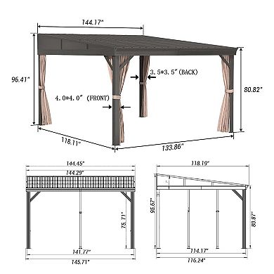 Mondawe 10x12 ft Aluminum Frame Wall-Mounted Hardtop Gazebo with Curtains and Netting