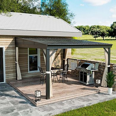 Mondawe 10x12 ft Aluminum Frame Wall-Mounted Hardtop Gazebo with Curtains and Netting