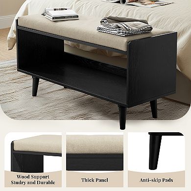 Upholstered End-of-Bed Bench with Shoe Storage Solid Wood Frame, Anti-Slip Legs