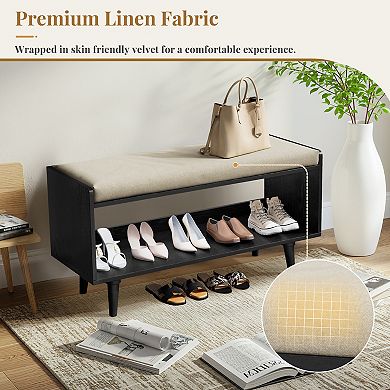 Upholstered End-of-Bed Bench with Shoe Storage Solid Wood Frame, Anti-Slip Legs