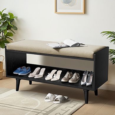 Upholstered End-of-Bed Bench with Shoe Storage Solid Wood Frame, Anti-Slip Legs