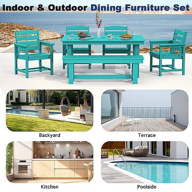 HDPE Patio Dining Table Sets with Umbrella Hole - 1-Table 4-Chairs-1-Bench