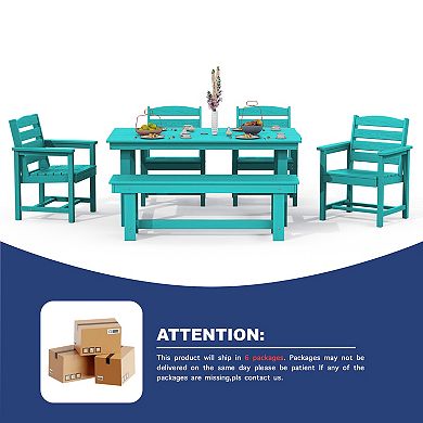 HDPE Patio Dining Table Sets with Umbrella Hole - 1-Table 4-Chairs-1-Bench