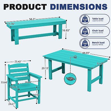 HDPE Patio Dining Table Sets with Umbrella Hole - 1-Table 4-Chairs-1-Bench