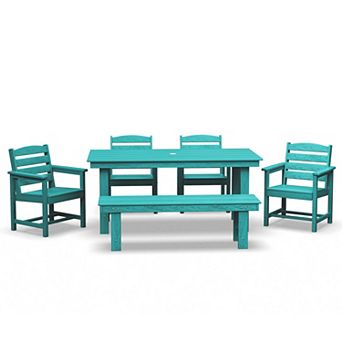 HDPE Patio Dining Table Sets with Umbrella Hole - 1-Table 4-Chairs-1-Bench